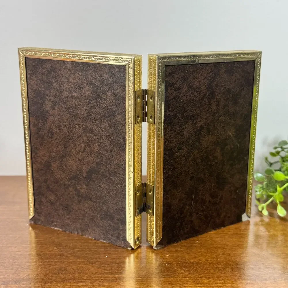 Vintage Brass Tone Hinged Double Photo Frame 3.5x5 Picture Display Freestanding